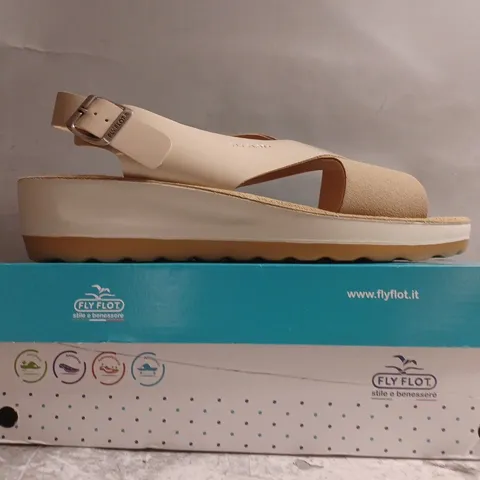 BOXED PAIR OF FLY FLOT OPEN TOE CROSS STRAP SLINGBACK SANDALS IN BEIGE SIZE EU 41