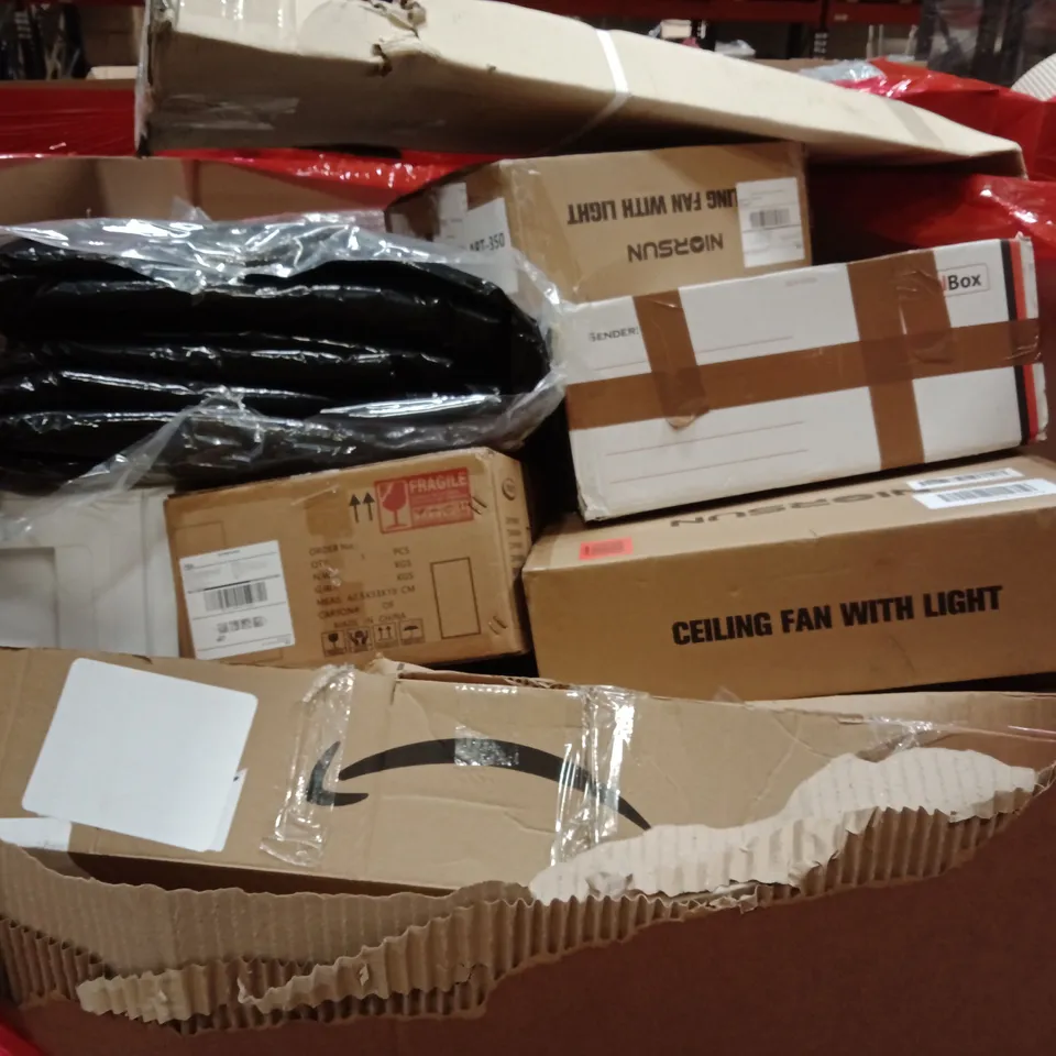 PALLET OF ASSORTED HOUSEHOLD GOODS AND PRODUCTS TO INCLUDE; CEILING FAN WITH LIGHT, TARPAULIN,ETC