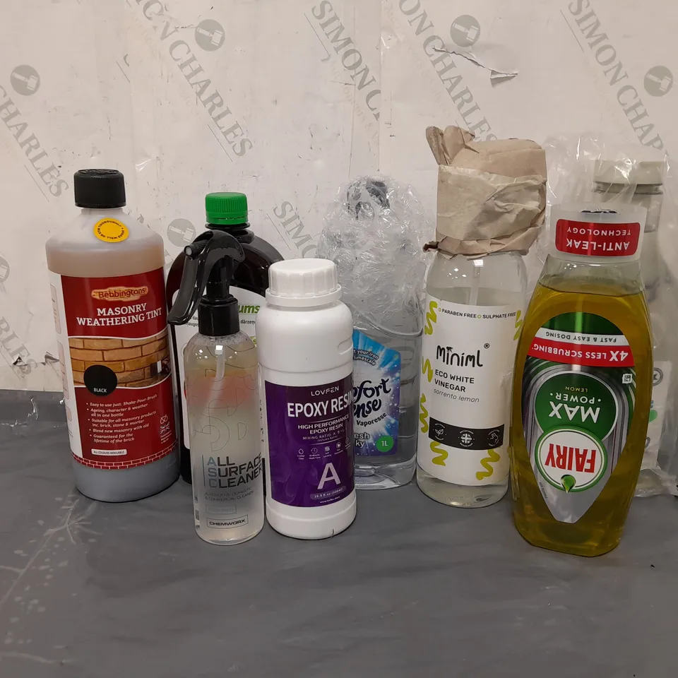 APPROXIMATELY 12 ASSORTED HOUSEHOLD CLEANING PRODUCTS AND ACCESSORIES TO INCLUDE MASONRY WEATHERING TINT, CONCENTRATED TOMATO FOOD, THE PINK STUFF FLOOR CLEANER