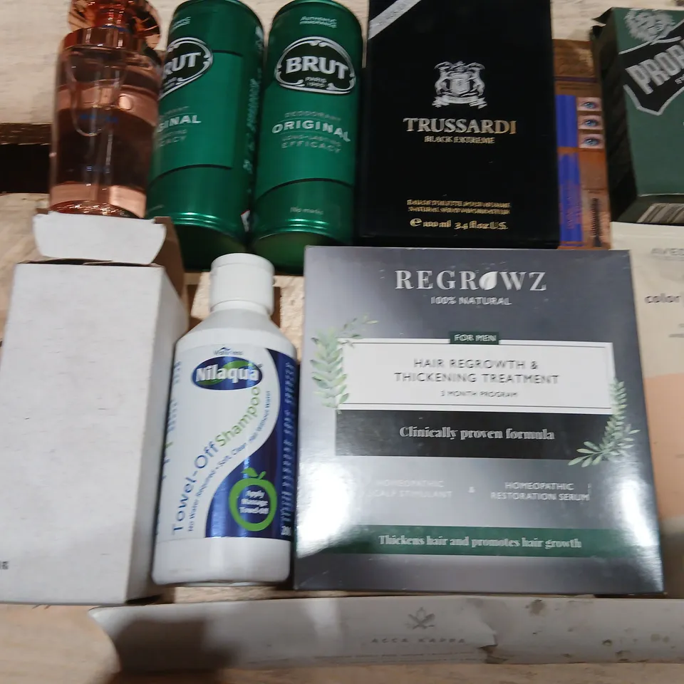 APPROXIMATELY 17 ASSORTED PRODUCTS TO INCLUDE; REGROWZ 100% NATURAL HAIR REGROWTH & THICKENING TREATMENT FOR MEN – BOXED