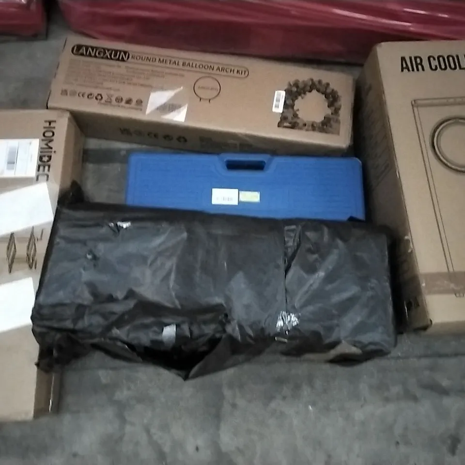 PALLET OF ASSORTED ITEMS AIR COOLER, LANGXUN ROUND METAL BALLOON ARCH KIT, HOMIDEC DRYING RACK, FREETEC HEAVY DUTY TOOLKIT, MAXPOWER TELESCOPIC PRUNERS, SPRING LOADED TENSION ROD