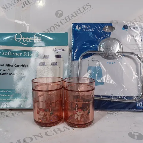 BOX OF APPROXIMATELY 20 ASSORTED HOUSEHOLD ITEMS TO INCLUDE TOWEL RING, WATER SOFTENER FILTER, GLITTER CUPS, ETC