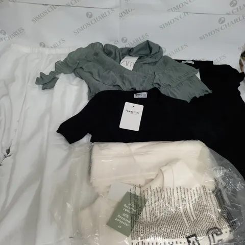 LARGE BOX OF ASSORTED CLOTHING ITEMS IN VARIOUS COLOURS AND SIZES INCLUDING TROUSERS , TOPS AND JUMPERS