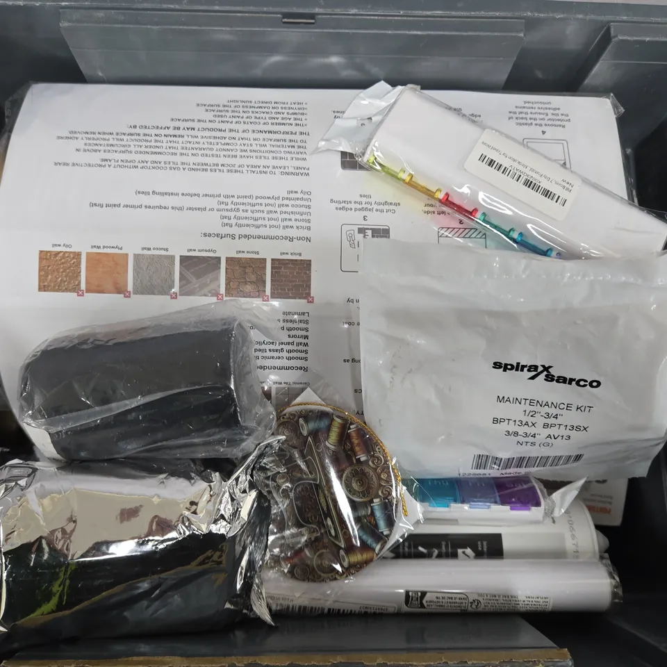 APPROXIMATELY 12 ASSORTED HOUSEHOLD ITEMS TO INCLUDE PEEL & STICK 3D WALL TILES, ONE HOUR CAULK, PORTABLE SEALING MACHINE, ETC