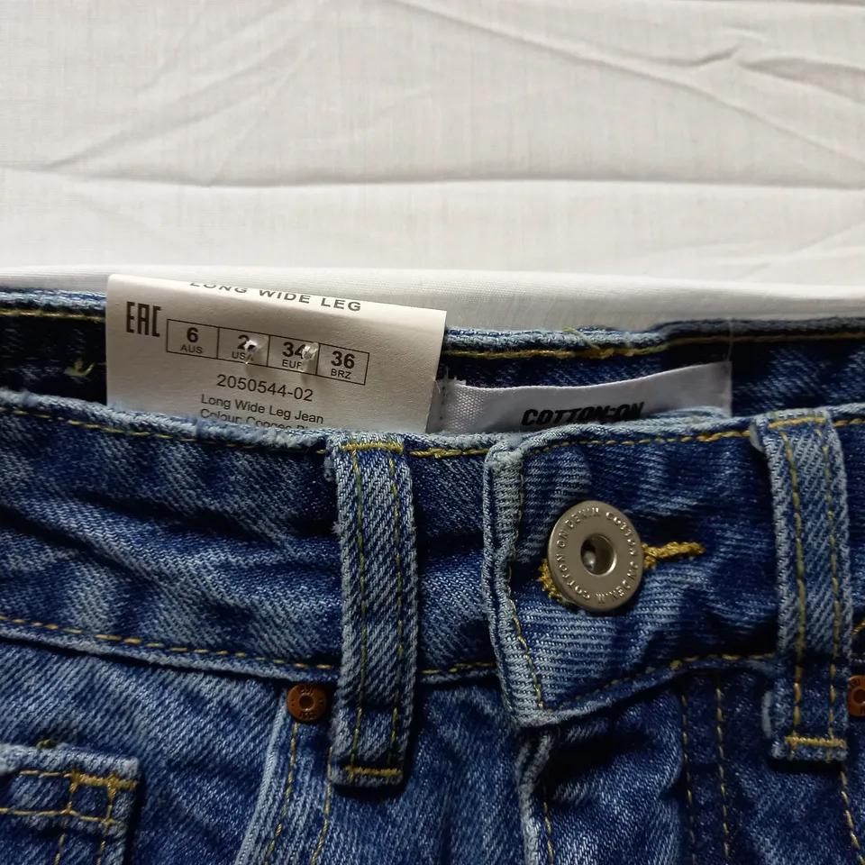 BOX OF APPROX 16 BRAND NEW COTTON:ON LONG WIDE LEG JEANS - COOGEE BLUE SIZE AUS 6