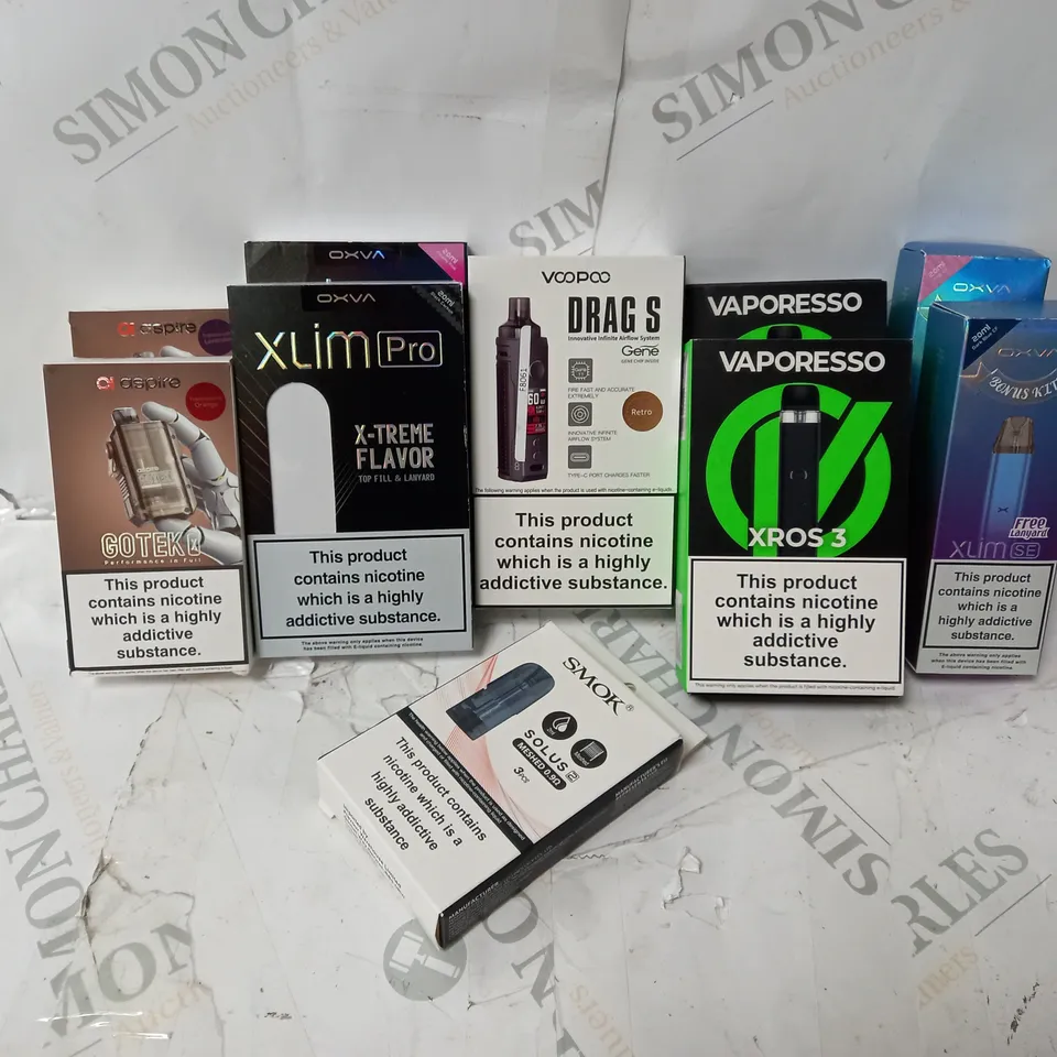 BOX OF APPROXIMATELY 10 ASSORTED E-CIG PRODUCTS TO INCLUDE ASPIRE GOTEK X, OXVA XLIM PRO, VAPORESSO XROS 3 ETC.