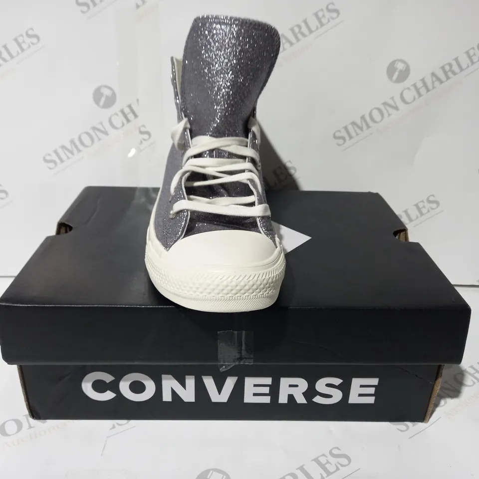 BOXED PAIR OF CONVERSE HI-TOP SHOES IN GUNMETAL W. GLITTER EFFECT UK SIZE 7