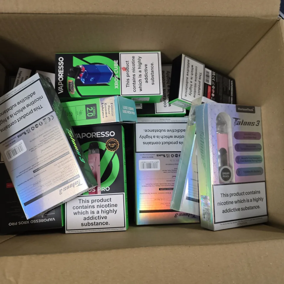 BOX OF APPROXIMATELY 18 ASSORTED E-CIGARETTES PRODUCTS TO INCLUDE - GEEK VAPE , HORIZONTECH TALONS 3 , VAPORESSO ETC