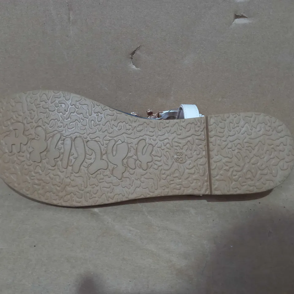 BOXED PAIR OF DESIGNER JEWEL EFFECT FLAT SANDALS IN BEIGE EU SIZE 39