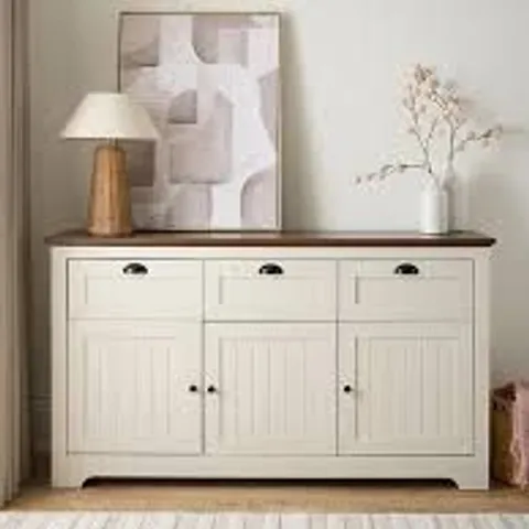 BOXED DEVON 3 DOOR, 3 DRAWER LARGE SIDEBOARD - IVORY/WALNUT (2 BOXES)