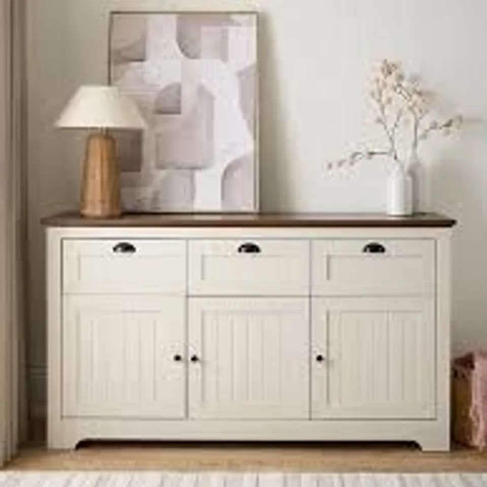 BOXED DEVON 3 DOOR, 3 DRAWER LARGE SIDEBOARD - IVORY/WALNUT (2 BOXES) RRP £229