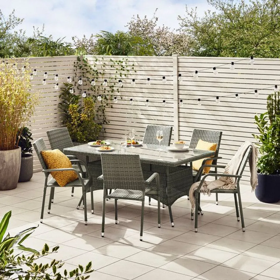 BOXED ANTIGUA OUTDOOR 6 SEAT DINING SET RATTAN STYLE (6 CHAIRS)