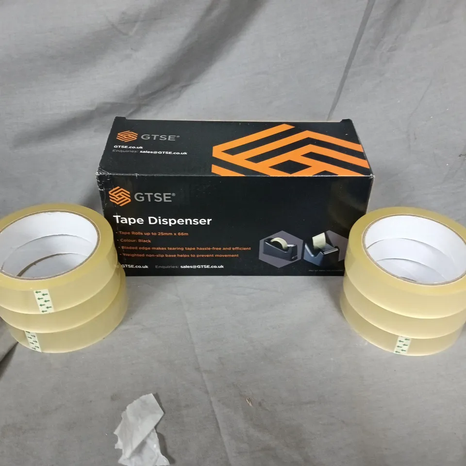 BOXED GTSE BLACK CELLOTAPE DISPENSER AND 6 PACK OF CLEAR TAPE BUNDLE