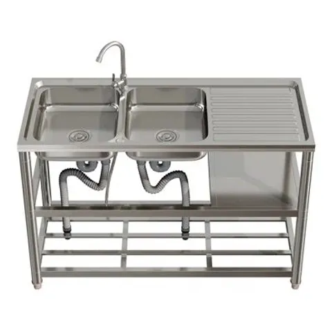 BOXED STAINLESS STEEL TWO COMPARTMENT SINKS WITH SHELVES AND DRAINBOARD (1 BOX)