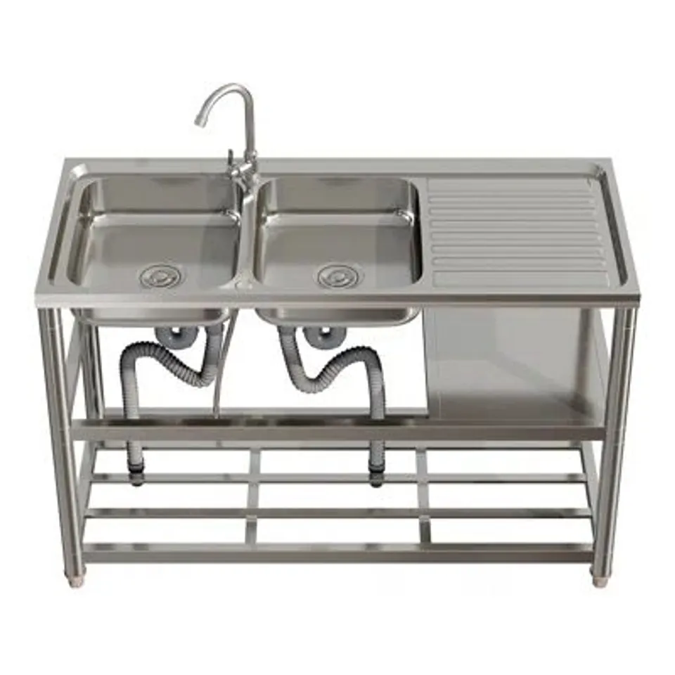 BOXED STAINLESS STEEL TWO COMPARTMENT SINKS WITH SHELVES AND DRAINBOARD (1 BOX)