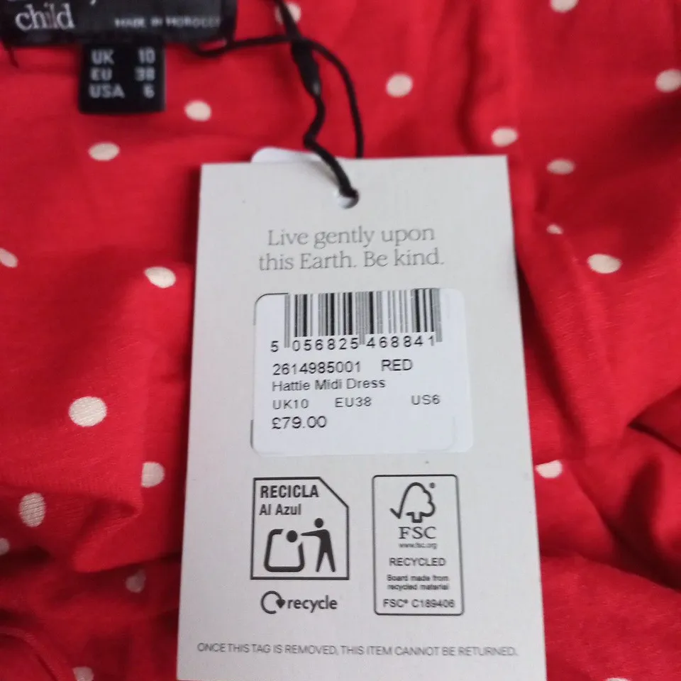 NOBODY'S CHILD HATTIE MIDI DRESS – RED POLKA DOT, UK 10