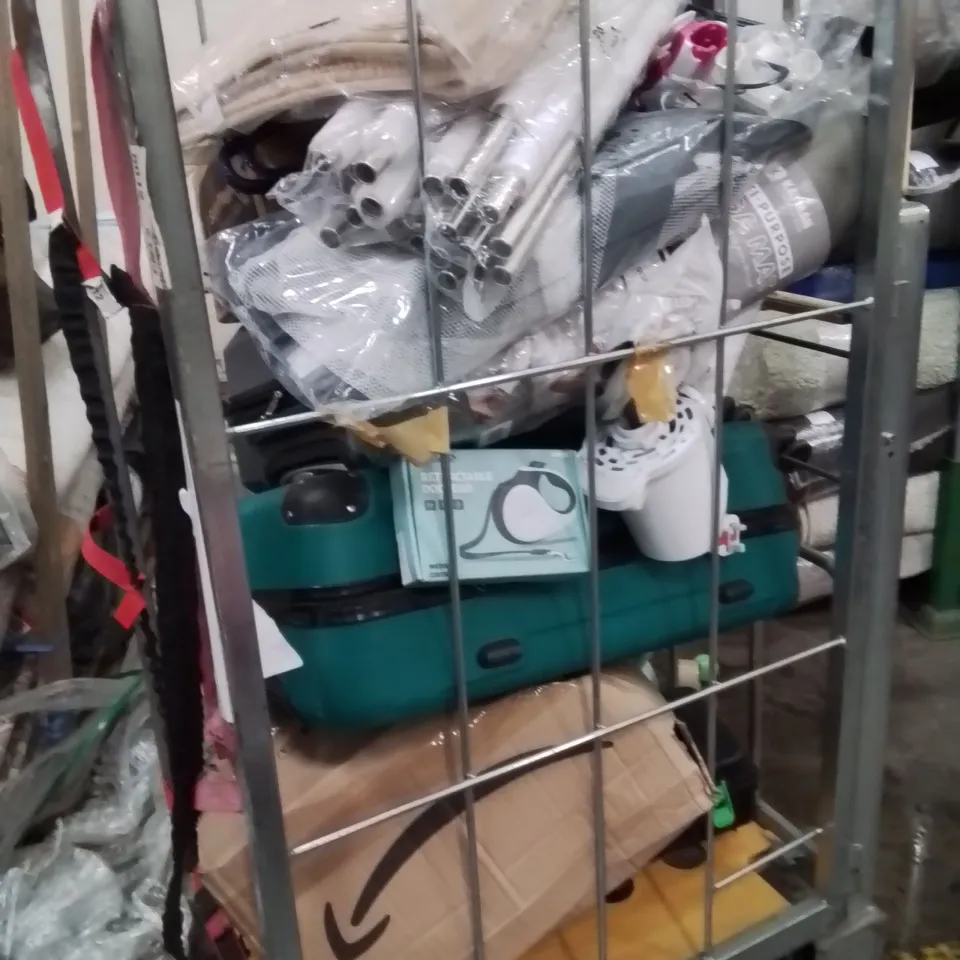 CAGE OF ASSORTED HOUSEHOLD GOODS AND PRODUCTS TO INCLUDE;SUITCASES,DUMBBELL,PLAYPEN 