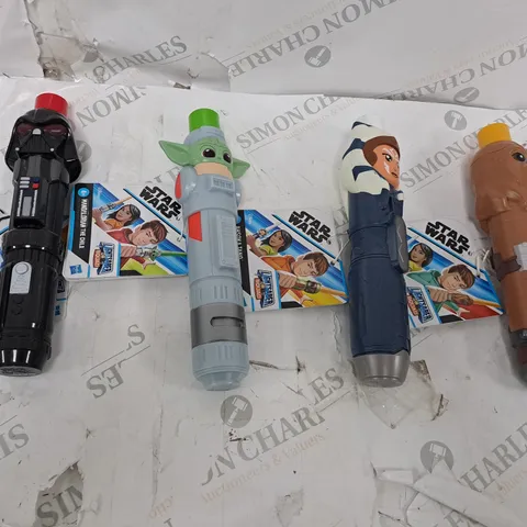 LARGE BOX OF ASSORTED STAR WARS LIGHT SABERS COMING IN DIFFERENT CHARACTERS AND COLOURS