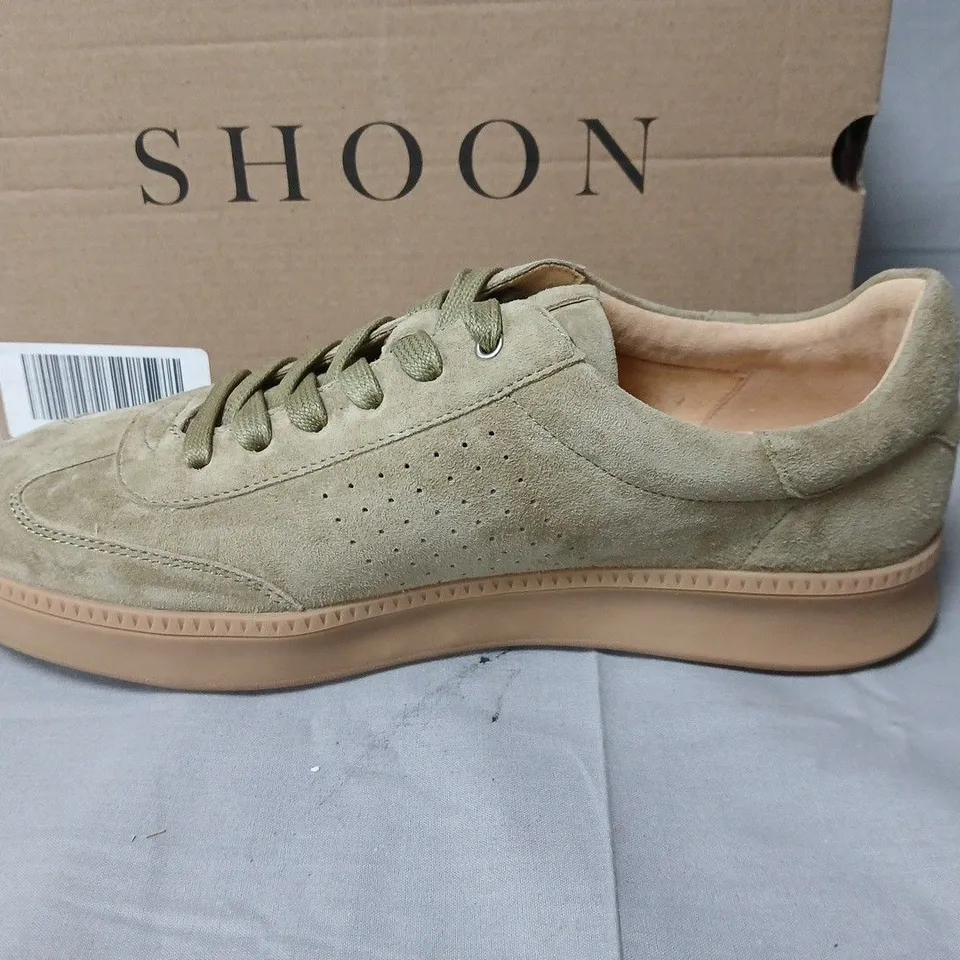 BOXED PAIR OF SHOON EMBER SUEDE SLIM SOLE TRAINERS IN LIGHT GREEN - UK 7