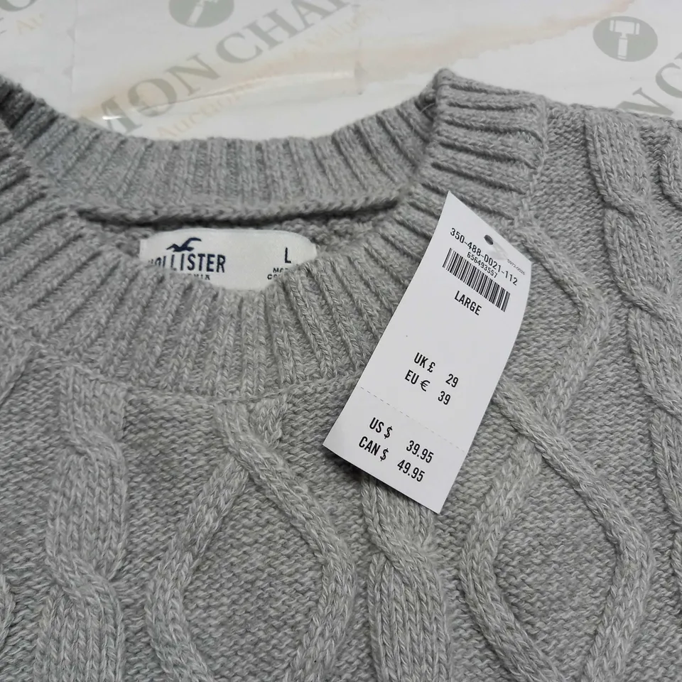 HOLLISTER GREY CABLE KNIT JUMPER - L