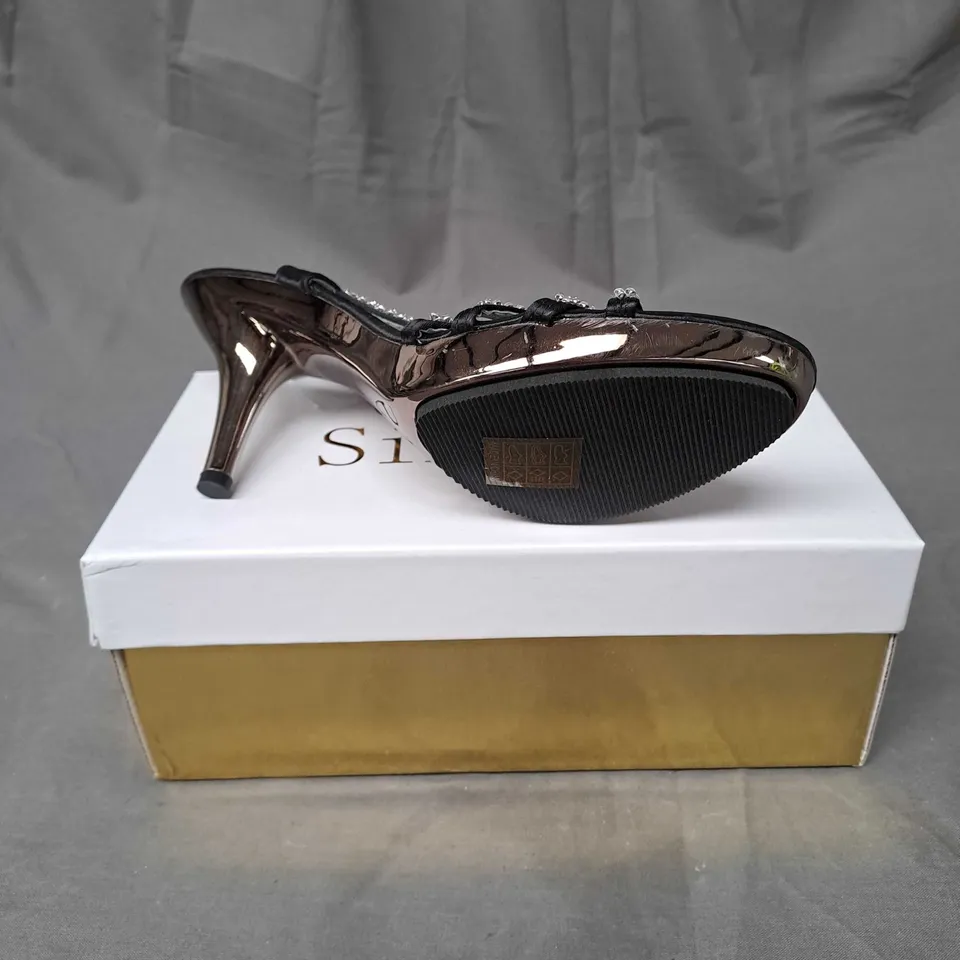 BOX OF APPROXIMATELY 10 PAIRS OF EMBELLISHED STRAPPY HEELS IN BLACK - VARIOUS SIZES