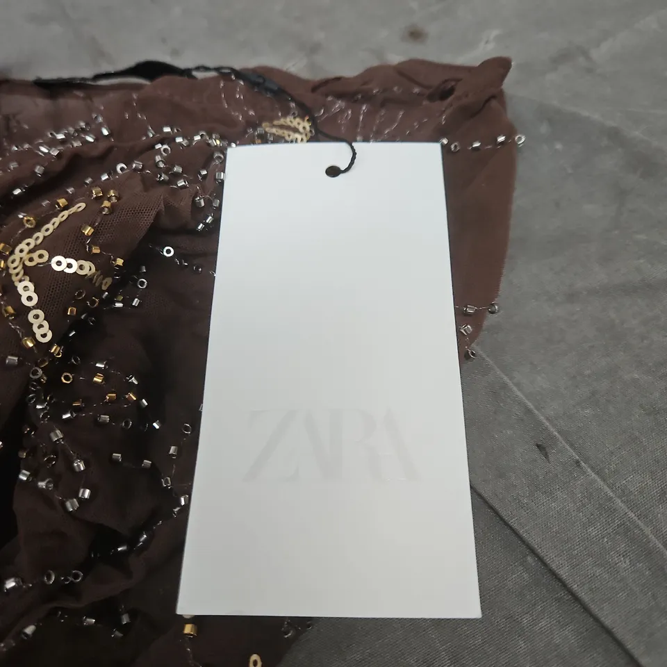 ZARA BROWN SEQUIN-EMBELLISHED TOP – SIZE S
