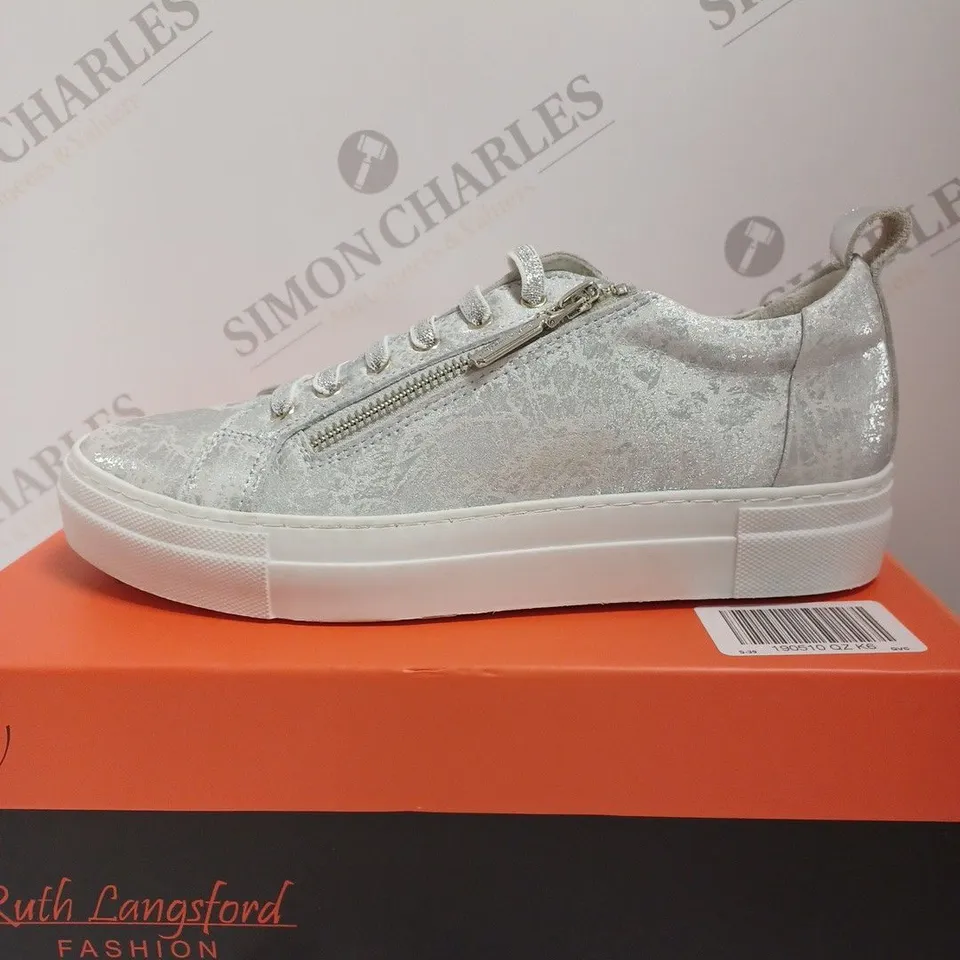 BOXED RUTH LANGSFORD ZIP DETAIL TRAINERS, SILVER - SIZE 6