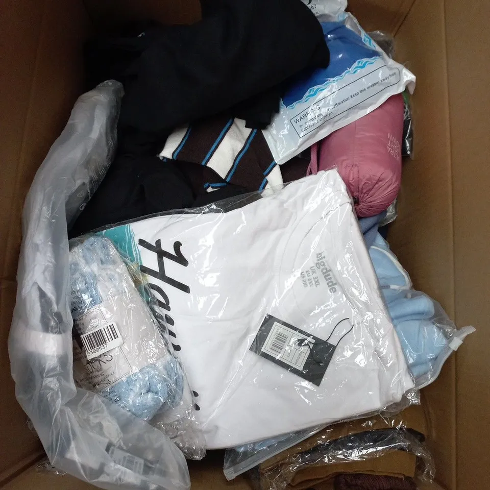 LARGE BOX OF APPROXIMATELY 25 ASSORTED CLOTHING ITEMS IN VARIOUS COLOURS, STYLES AND SIZES - COLLECTION ONLY