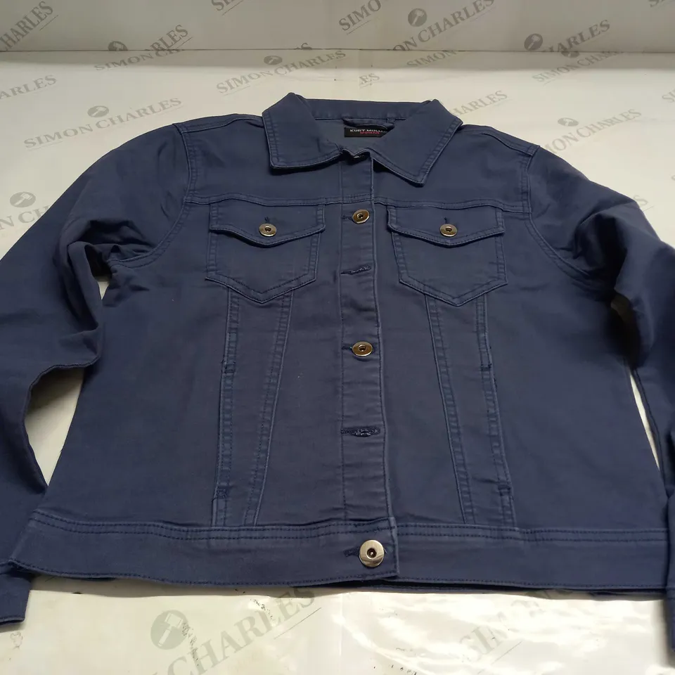 KURT MULLER WOMAN CROP FAUX DENIM JACKET IN NAVY - UK 12
