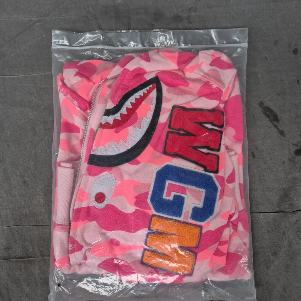 A BATHING APE CAMO SHARK RELAXED FIT FULL ZIP HOODIE JACKET IN PINK SIZE MEDIUM