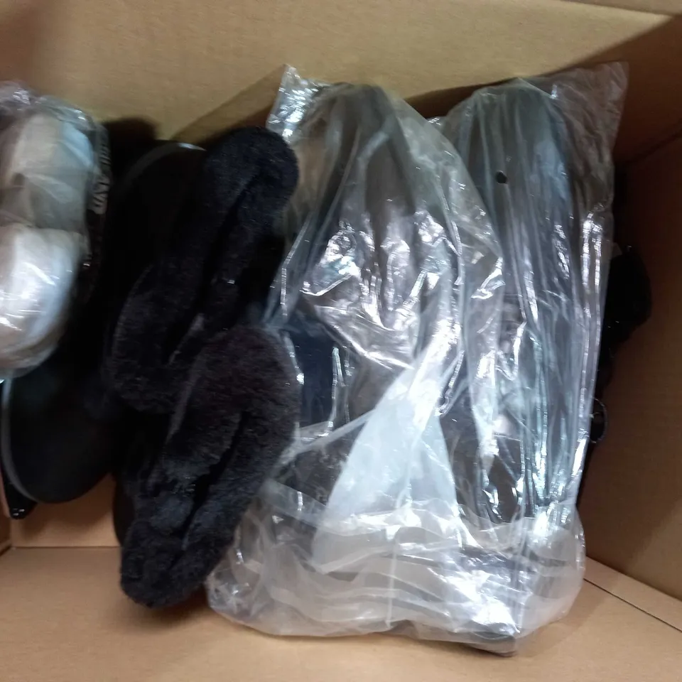 BOX OF APPROXIMATELY 10 ASSORTED PAIRS OF SHOES AND FOOTWEAR ITEMS IN VARIOUS STYLES, COLOURS, AND SIZES TO INCLUDE WALSH, H&M, JOULES, ETC
