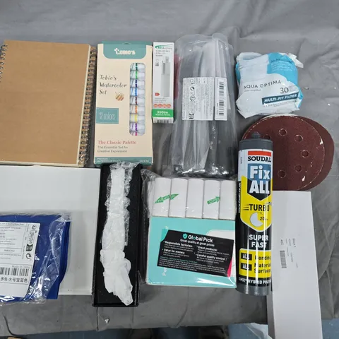 LOT OF ASSORTED HOUSEHOLD ITEMS TO INCLUDE WATERCOLOUR SET, CUTTING DISCS AND NOTEBOOKS