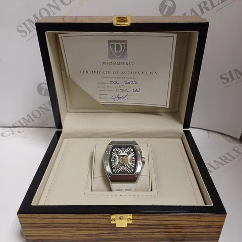 MENS AUTOMATIC DESCHAMPS & CO WATCH β SKELETON DIAL β GLASS EXHIBITION BACK CASE β RUBBER STRAP β WOODEN GIFT BOX