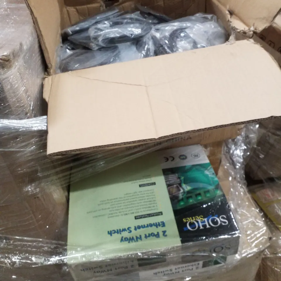 PALLET CONTAINING ASSORTED PRODUCTS INCLUDING 2 PORT NWAY ETHERNET SWITCHES, USB A TO USB B CABLES, NETWORK WALL CABINETS & HDD EXTERNAL BOX