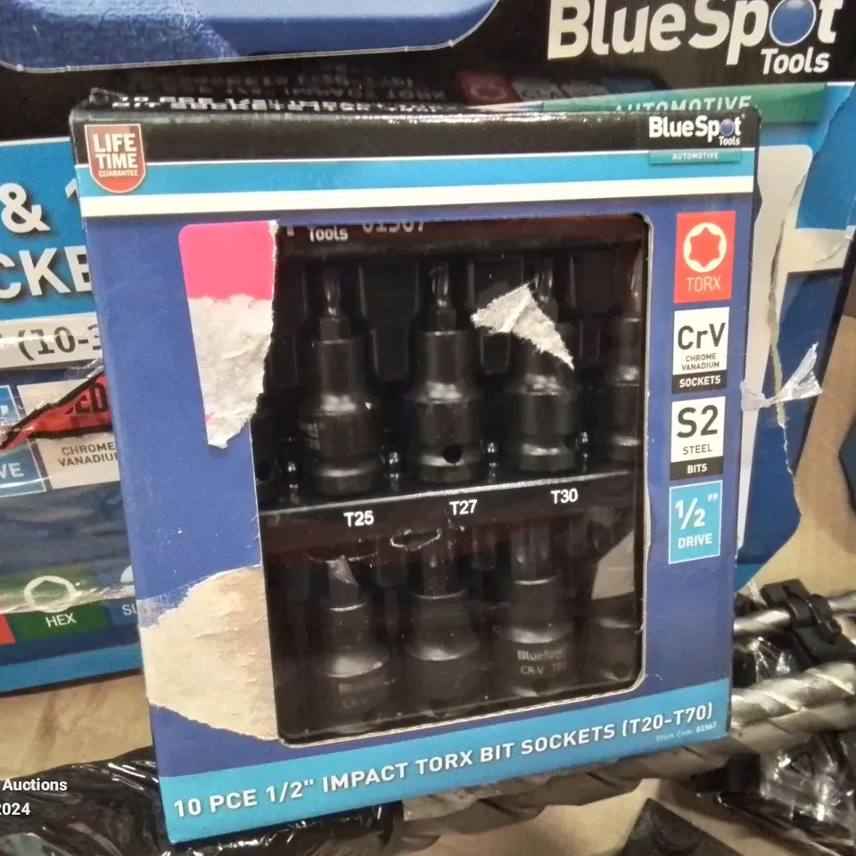 BOX CONTAINING MIXED TOOLS TO INCLUDE: 10PC LOCKING WHEEL NUT SET, 46 SOCKET SET, 94PC METRIC SOCKET SET, IMPACT TORX BIT SOCKETS 