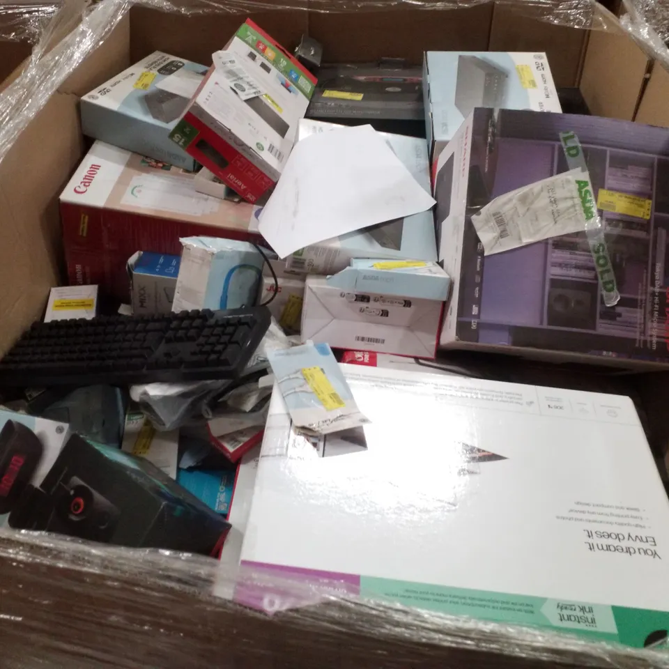 PALLET CONTAINING ASSORTED ELECTRICAL PRODUCTS INCLUDING HP ENVY6120E PRINTER, BLUETOOTH CD BOOMBOX, AERIAL, 2.1 PARTY SPEAKER SYSTEM, LIGHTING CABLE, WIRELESS MOUSE & WIRELESS HEADPHONES 