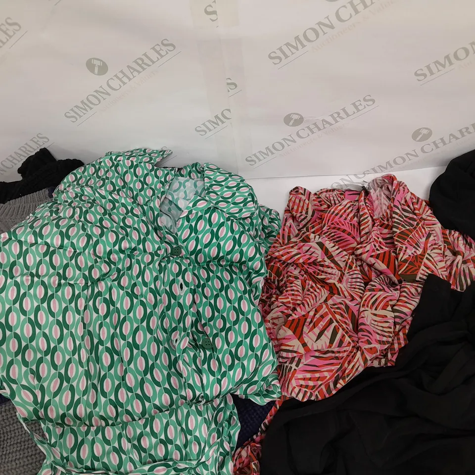 BOX OF ASSORTED CLOTHES ALL SIZES AND COLOURS MIX OF PANTS DRESSES AND TOPS 