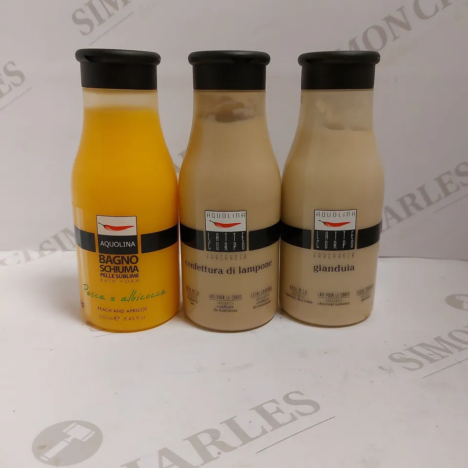 BOX OF APPROXIMATELY 10 ASSORTED AQUOLINA BATH FOAM/BODY MILK CREAMS TO INCLUDE PEACH, RASPBERRY JAM, HAZELNUT CHOCOLATE 