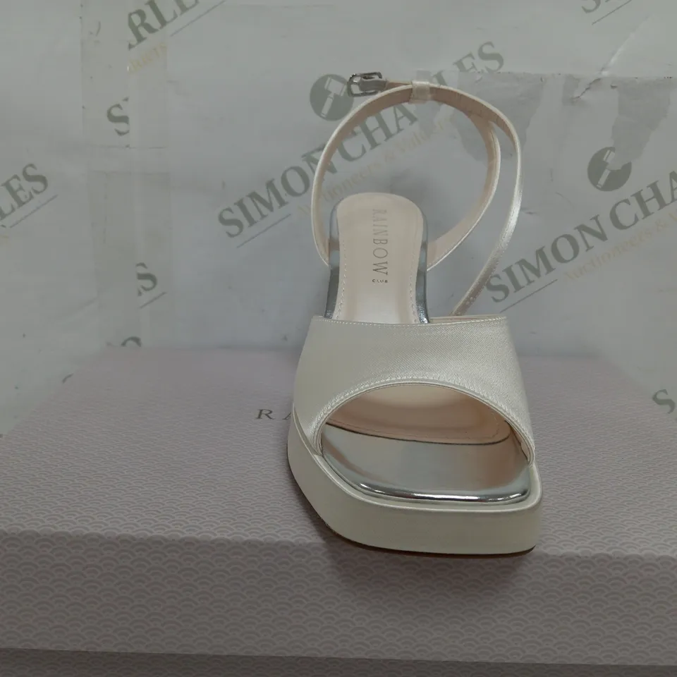 BOXED PAIR OF RAINBOW HIGH HEELED IVORY SATIN OPEN TOE SANDALS - UK 3