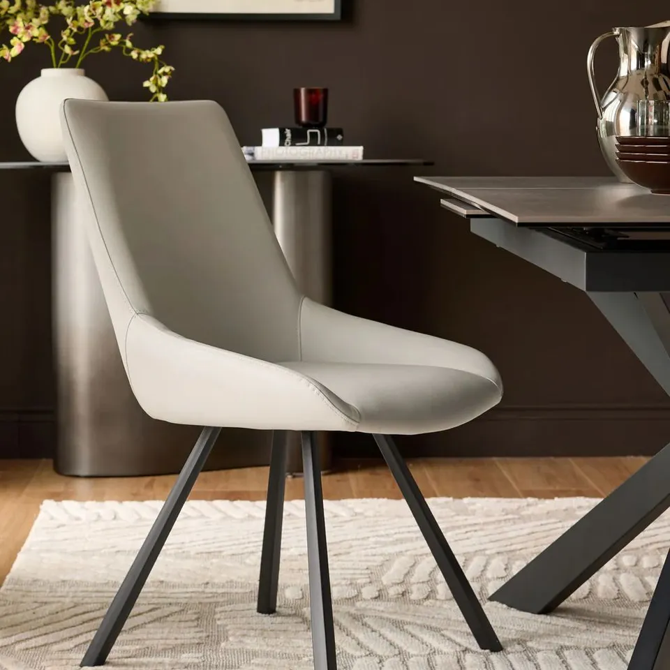 BOXED SET OF 2 DANETTI THEO LIGHT GREY FAUX LEATHER DINING CHAIR WITH BLACK LEGS