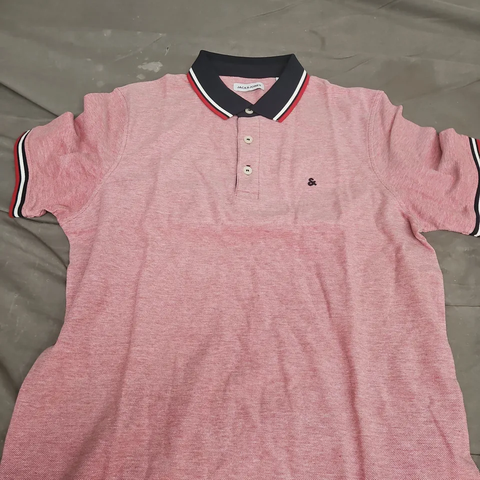 JACK & JONES POLO SHIRT – PINK HEATHER WITH NAVY COLLAR, UK SIZE L