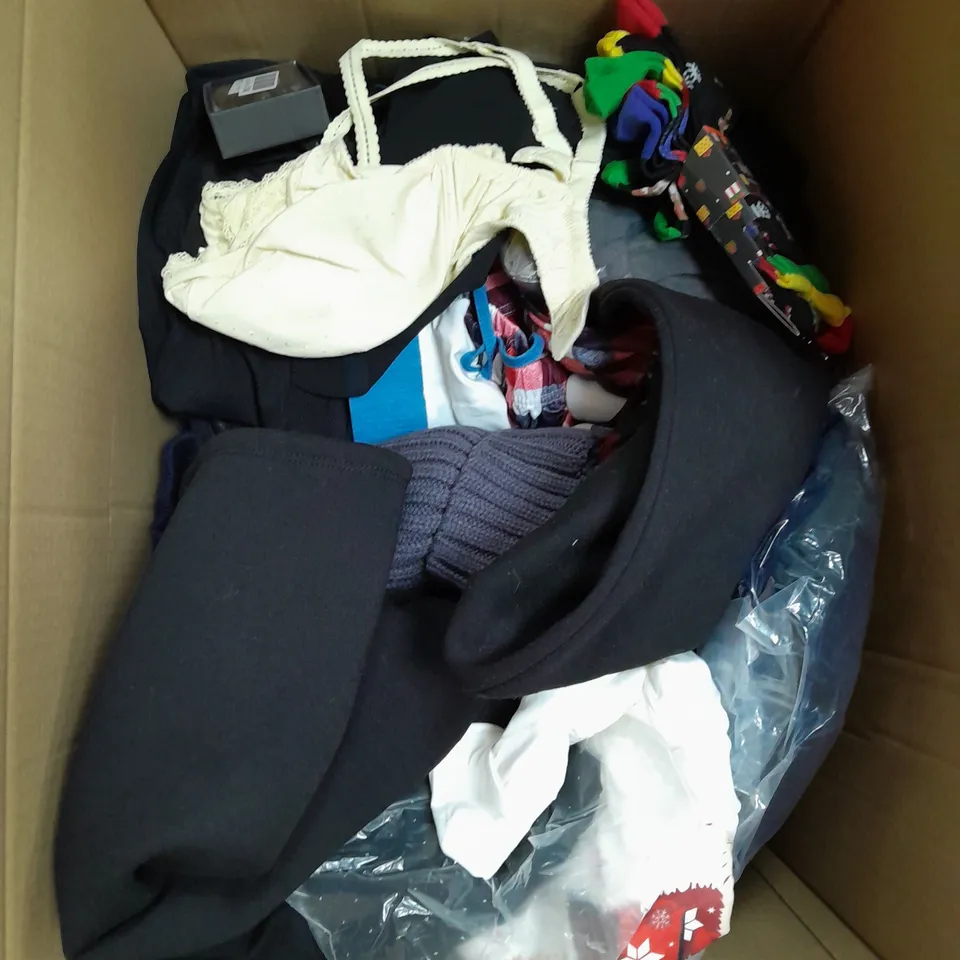 LARGE BOX OF ASSORTED CLOTHING ITEMS IN VARIOUS COLOURS AND SIZES INCLUDING TROUSERS , TOPS AND JUMPERS 