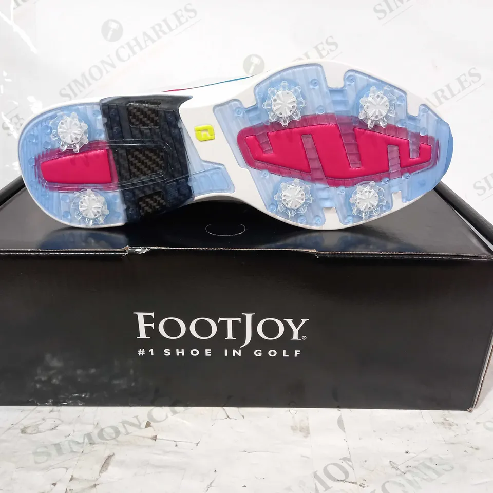 BOXED PAIR OF FOOT JOY HYPER FLEX CARBON GOLF SHOES IN WHITE/LIME/PINK/BLUE UK SIZE 9.5