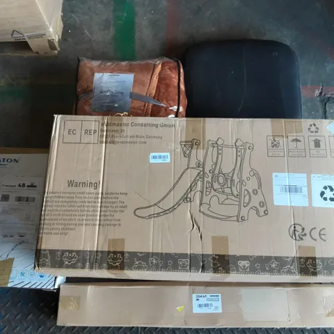 PALLET OF ASSORTED PRODUCTS INCLUDING GELATIN TOILET SEAT AND BIDET, COASTLINE LIVING HOME TEXTILE, CURTAIN POLES, DSEAP COAT HANGER, CHILDS PLAY SET WITH SLIDE