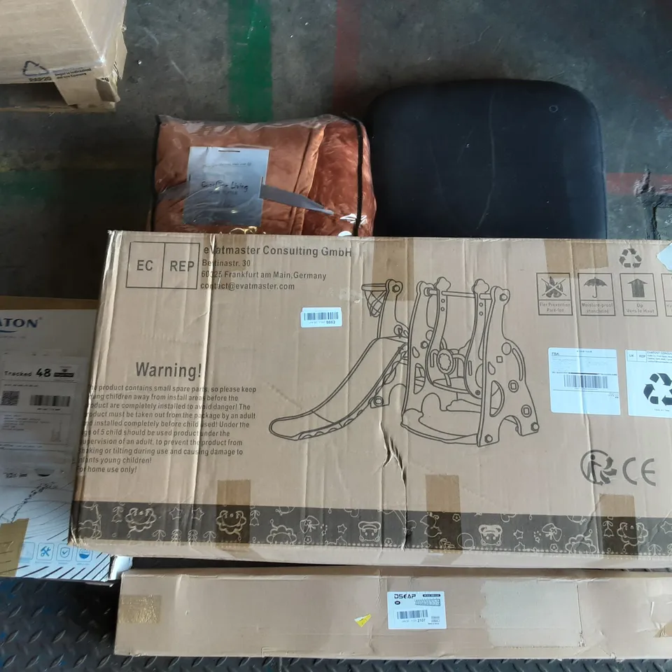 PALLET OF ASSORTED PRODUCTS INCLUDING GELATIN TOILET SEAT AND BIDET, COASTLINE LIVING HOME TEXTILE, CURTAIN POLES, DSEAP COAT HANGER, CHILDS PLAY SET WITH SLIDE