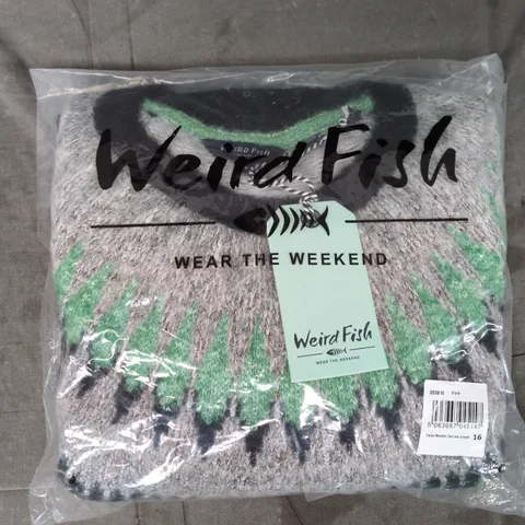 BAGGED WEIRD FISH CEDAR METALLIC FAIR ISLE JUMPER IN BLACK/GREY/GREEN SIZE 16