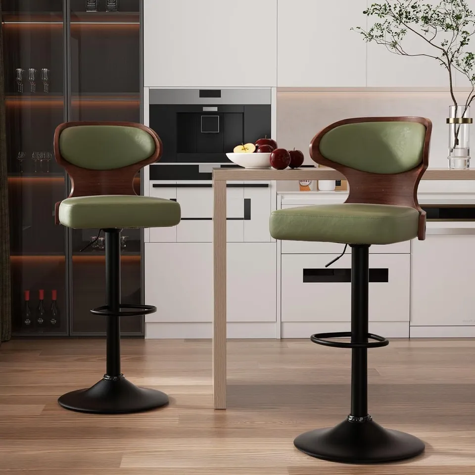 BOXED HAWTHYHOME ADJUSTABLE HEIGHT BENTWOOD BAR STOOLS SET OF 2 WITH BACK & FOOTREST - PU LEATHER UPHOLSTERED CHAIR FOR KITCHEN, DINING ROOM, 62-85CM
