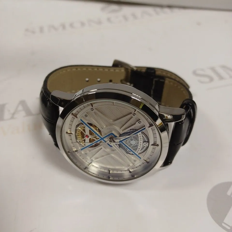 MENS VONLANTHEN AUTOMATIC WATCH – SILVER AND BLUE TEXTURED DIAL - GLASS EXHIBITION BACKCASE – BLACK LEATHER STRAP