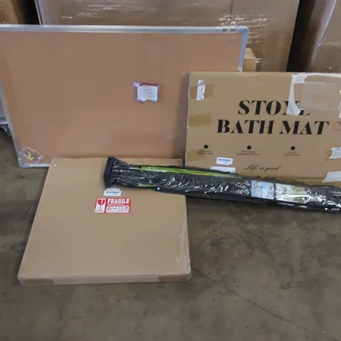 PALLET OF ASSORTED ITEMS INCLUDING: BATH MAT, BATHROOM MIRROR, NOTICE BOARD, BIRD SCARER