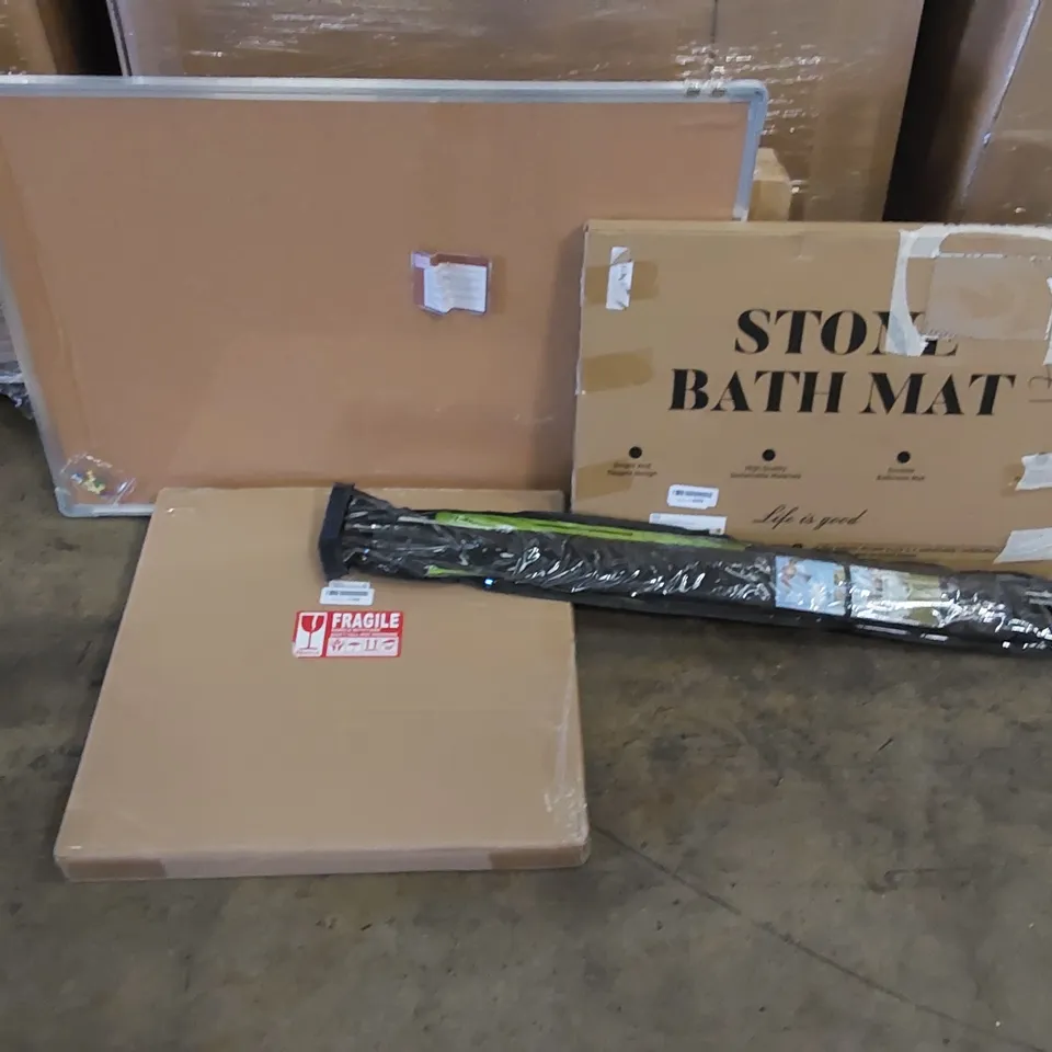 PALLET OF ASSORTED ITEMS INCLUDING: BATH MAT, BATHROOM MIRROR, NOTICE BOARD, BIRD SCARER
